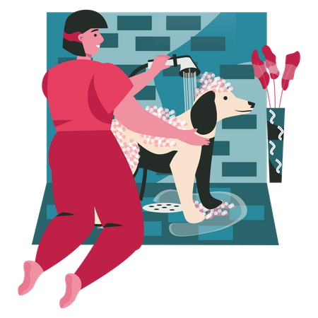 Femme lavant son chien dans la salle de bain  Illustration