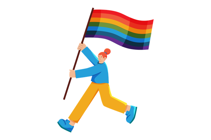 Femme LGBT protestant avec le drapeau arc-en-ciel  Illustration