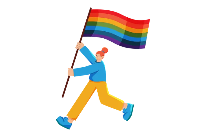 Femme LGBT protestant avec le drapeau arc-en-ciel  Illustration