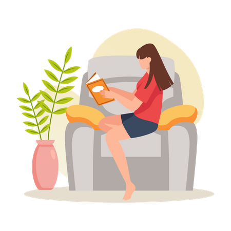 Femme lisant un livre tout en étant assise sur un fauteuil  Illustration