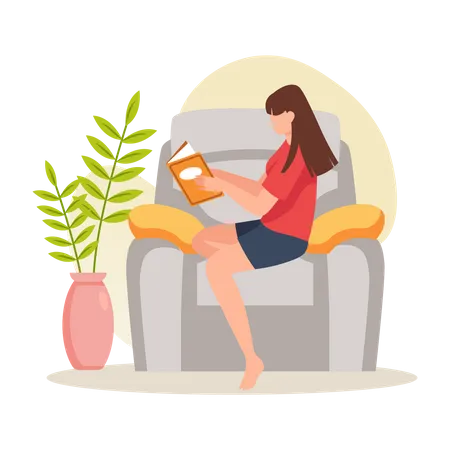 Femme lisant un livre tout en étant assise sur un fauteuil  Illustration