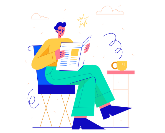 Femme lisant le journal avec du café  Illustration