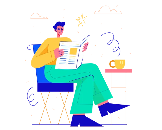 Femme lisant le journal avec du café  Illustration
