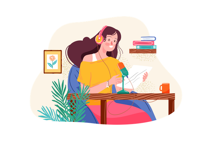 Femme lisant le script du podcast  Illustration
