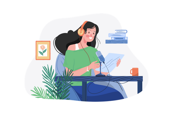 Femme lisant le script du podcast  Illustration