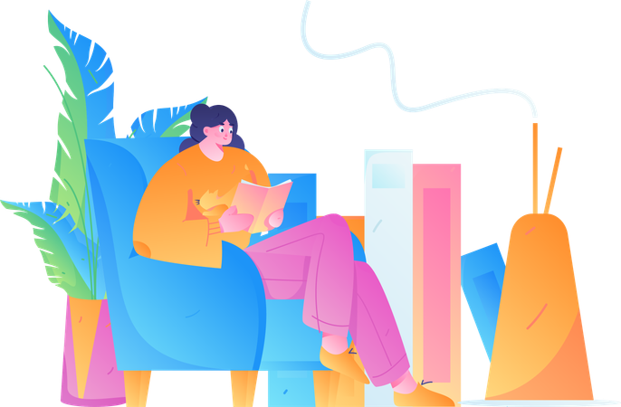 Femme lisant un livre à la maison  Illustration