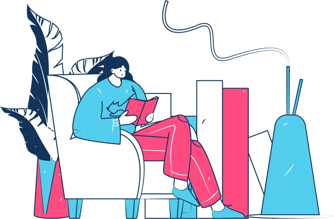 Femme lisant un livre à la maison  Illustration