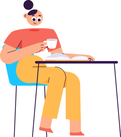 Femme lisant un livre avec du café  Illustration