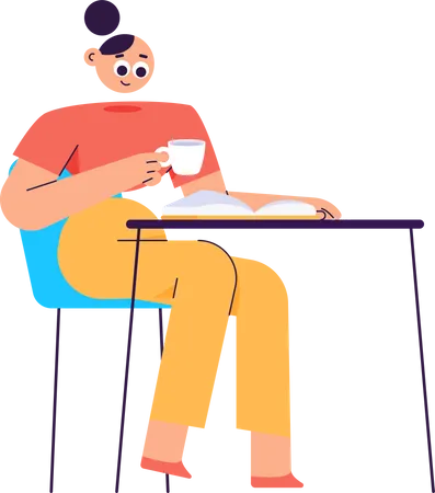 Femme lisant un livre avec du café  Illustration