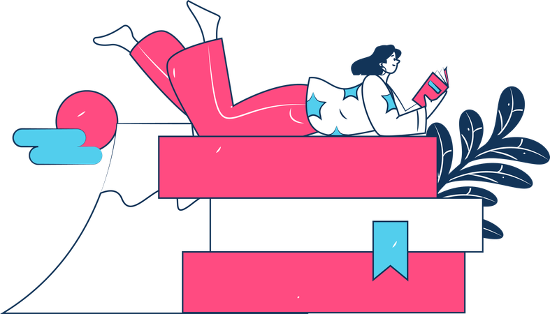 Une femme lisant un livre confortablement en position allongée  Illustration