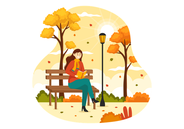 Femme lisant un livre dans Autumn Park  Illustration