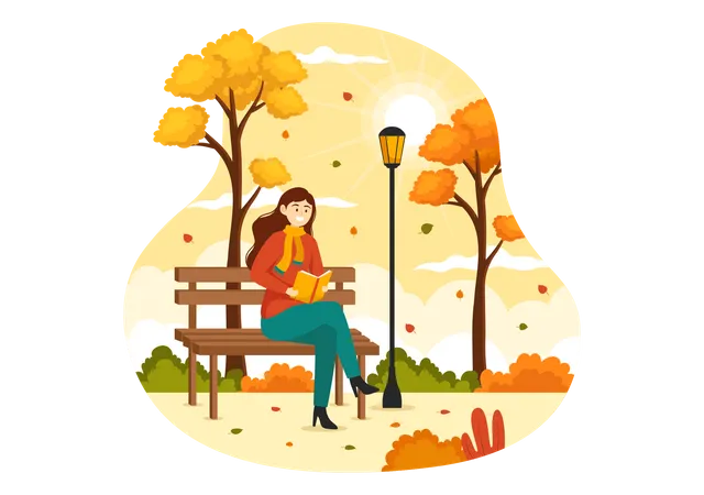 Femme lisant un livre dans Autumn Park  Illustration