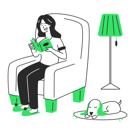 Femme lisant un livre dans un environnement confortable  Illustration