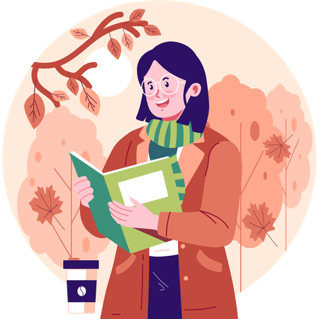 Femme lisant un livre en automne  Illustration