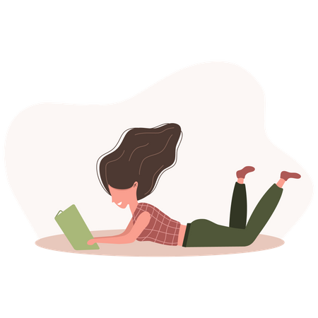 Femme lisant un livre en position couchée  Illustration