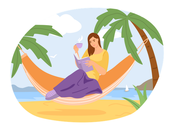 Femme lisant un livre en vacances  Illustration