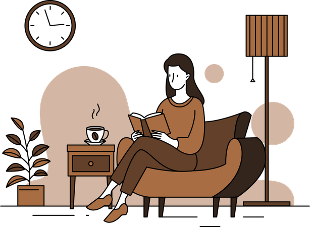 Femme lisant un livre et prenant un café  Illustration