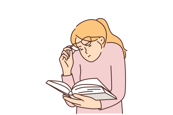 Femme lisant un livre soulevant des lunettes  Illustration