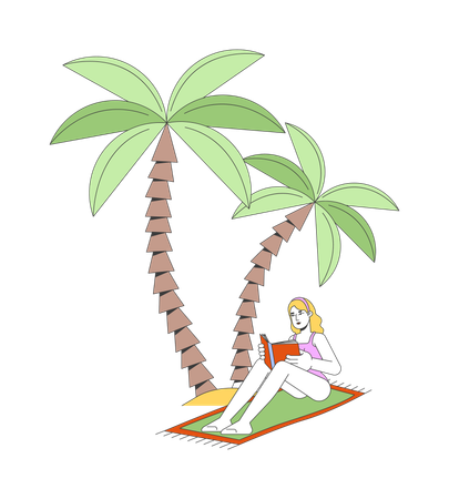 Femme lisant un livre sous les palmiers sur la plage  Illustration