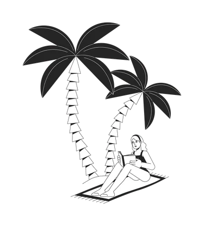 Femme lisant un livre sous les palmiers sur la plage  Illustration