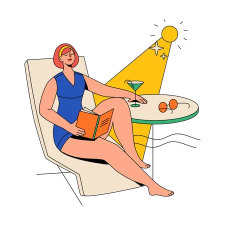 Femme lisant un livre sur la plage  Illustration