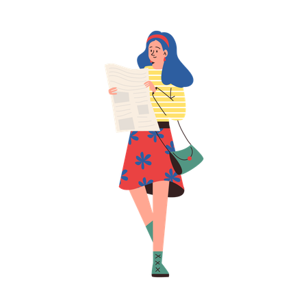 Une femme lit le journal en marchant dans la rue  Illustration