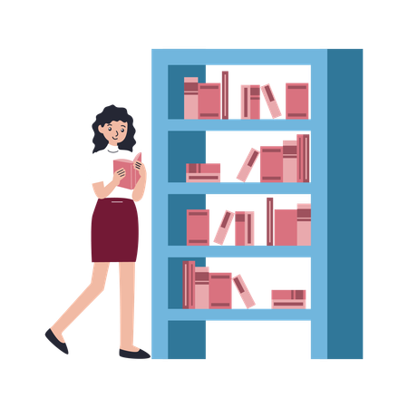 Une femme lit un livre de la bibliothèque  Illustration