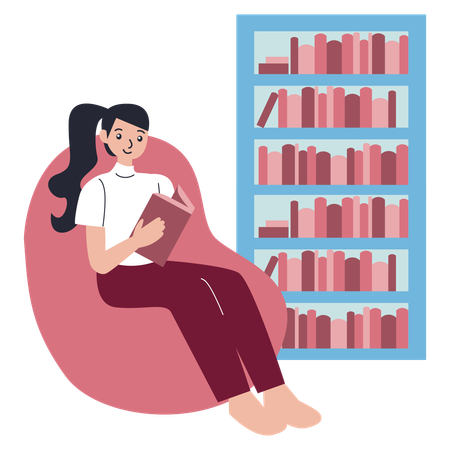 Une femme lit un livre depuis le bureau de la bibliothèque  Illustration