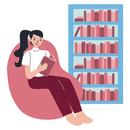 Une femme lit un livre depuis le bureau de la bibliothèque  Illustration