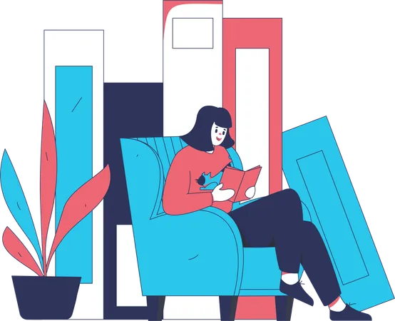 Une femme lit un livre tout en se relaxant sur un canapé  Illustration