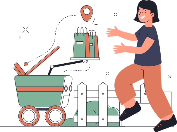 Livraison de marchandises par une femme à l'aide d'un robot  Illustration