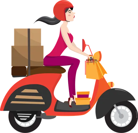 Une femme livre des produits en conduisant un scooter  Illustration