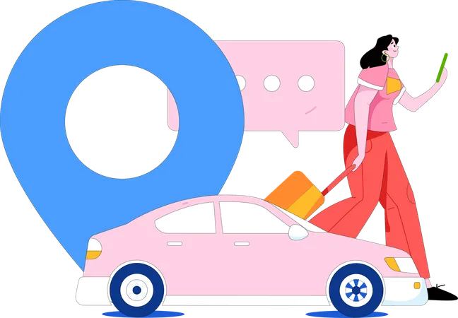 Une femme réserve un taxi depuis son mobile  Illustration