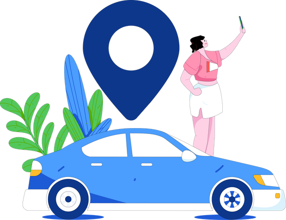 Une femme réserve un taxi pour son voyage  Illustration