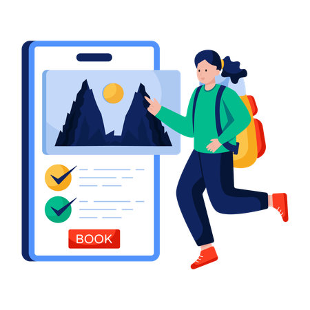 Une femme réserve un camping via une réservation mobile  Illustration
