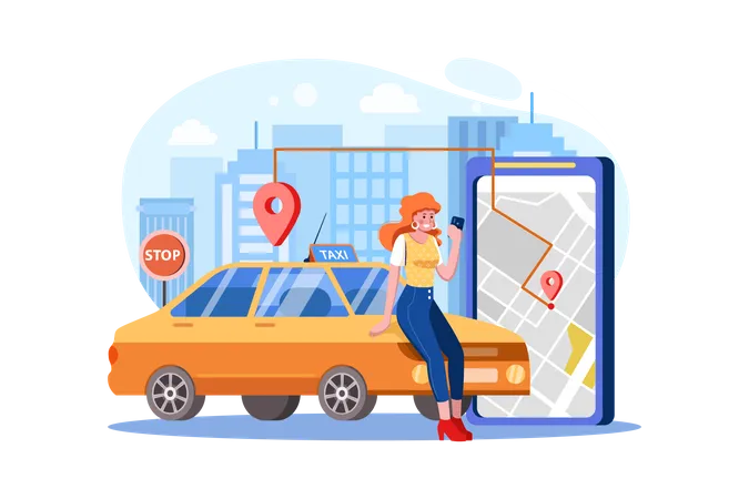 Femme localisant un itinéraire de taxi à partir d'une carte numérique  Illustration