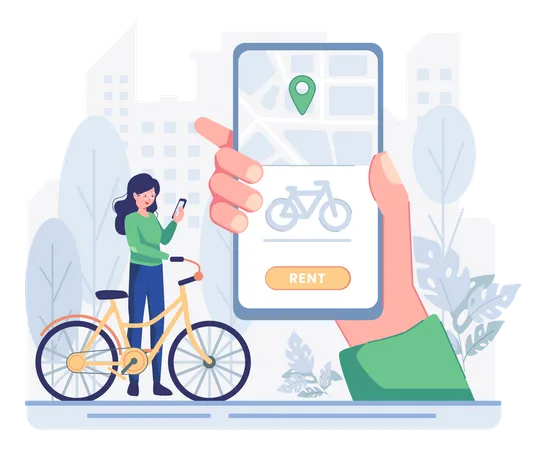 Femme louant un vélo depuis une application de location de vélos  Illustration