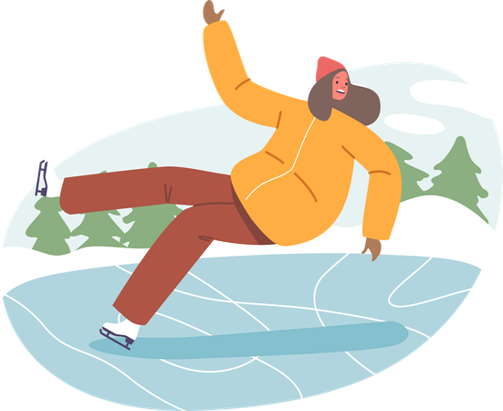 Une femme malheureuse glisse sur la patinoire glacée  Illustration