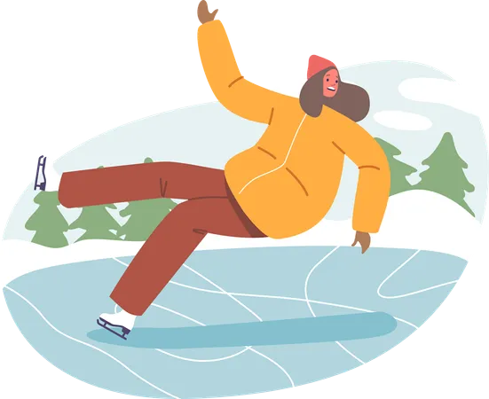 Une femme malheureuse glisse sur la patinoire glacée  Illustration