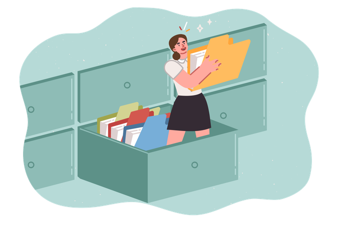 Femme gestionnaire à la recherche de documents dans de grandes archives  Illustration