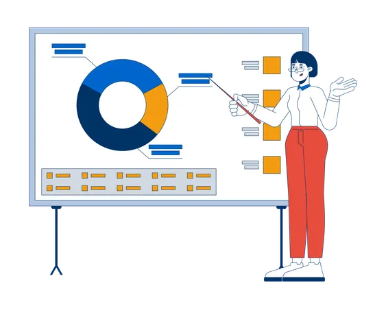 Une directrice montre du doigt un tableau de présentation de diagramme à secteurs  Illustration