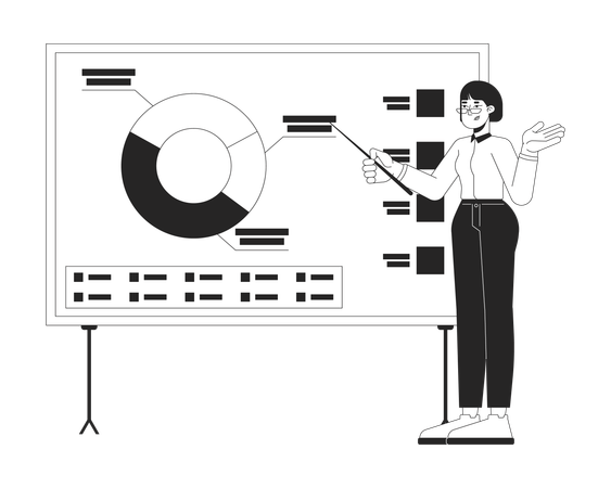 Une directrice montre du doigt un tableau de présentation de diagramme à secteurs  Illustration