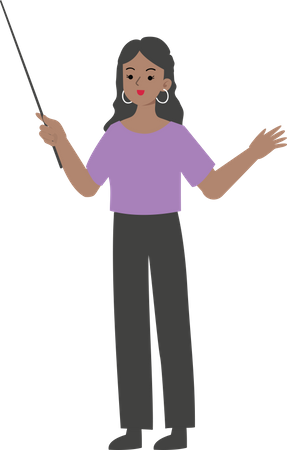 Femme manager tenant un bâton et présentant quelque chose  Illustration