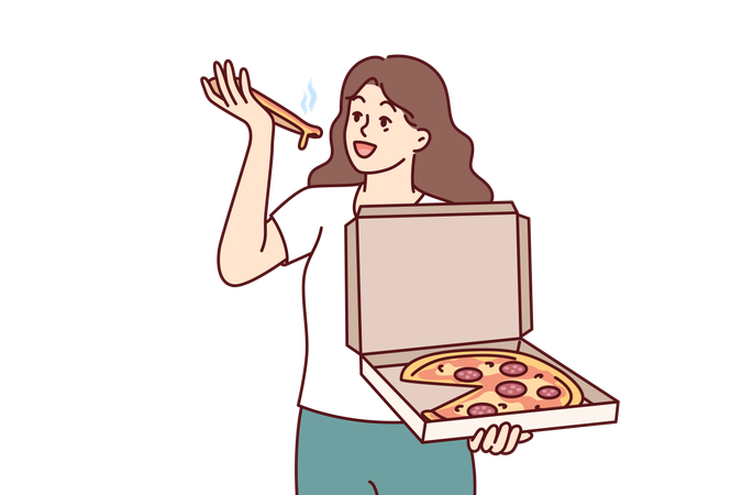 Une femme mange de la pizza et tient une boîte d'entrées  Illustration