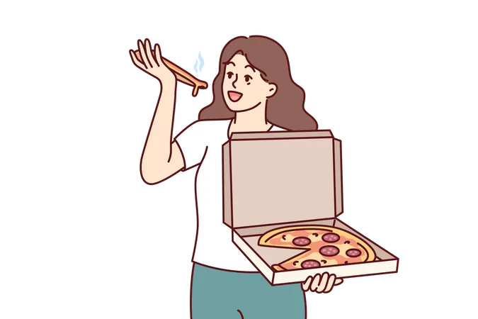 Une femme mange de la pizza et tient une boîte d'entrées  Illustration