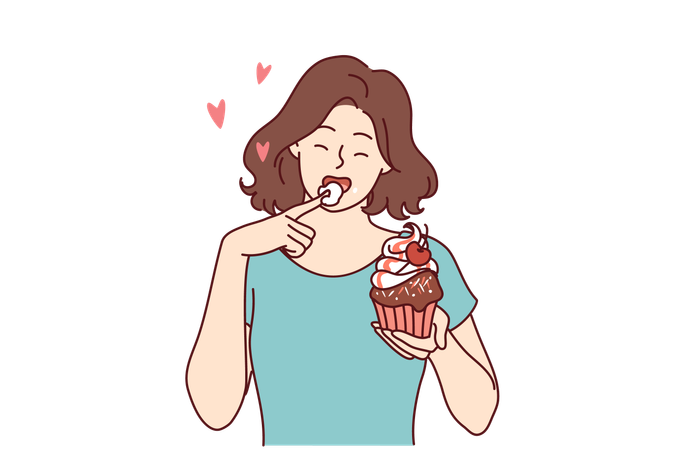 La femme mange un délicieux cupcake  Illustration