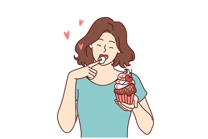 La femme mange un délicieux cupcake  Illustration