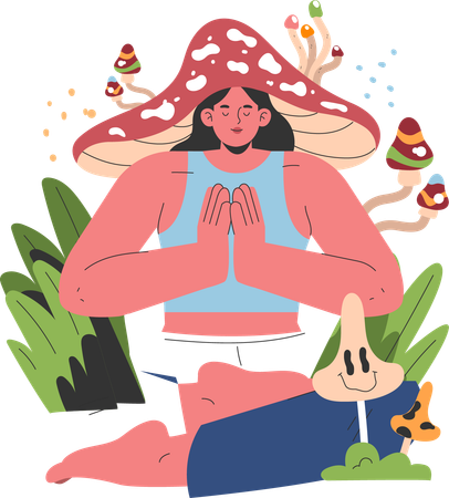 Femme mangeant des champignons  Illustration