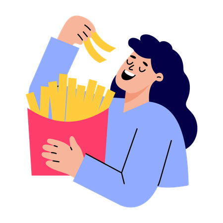 Femme mangeant des frites livrées  Illustration