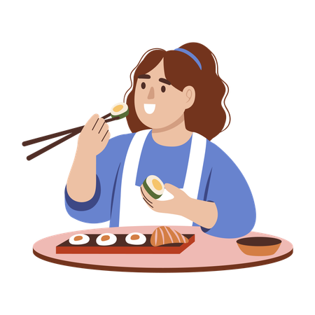 Femme mangeant des sushis avec des baguettes  Illustration